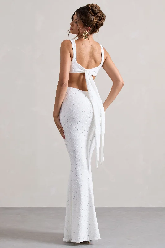 Marseille | White Broderie Knit Square-Neck Cut-Out Maxi Dress