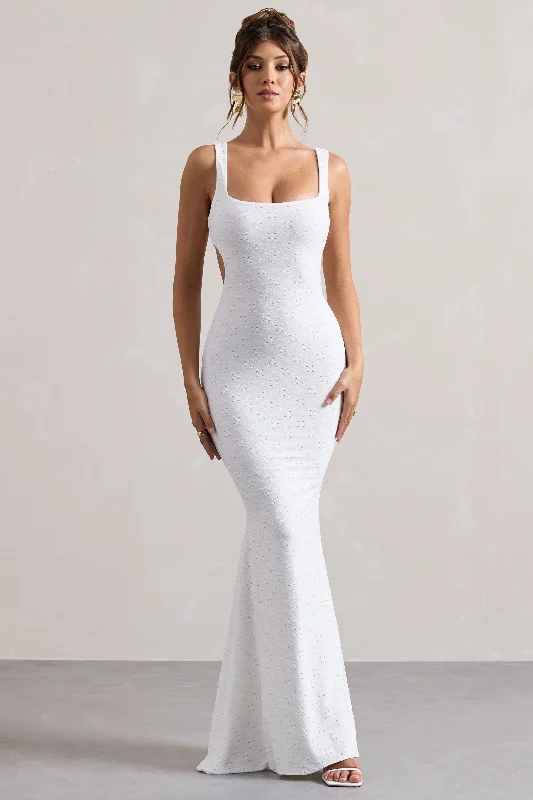 Marseille | White Broderie Knit Square-Neck Cut-Out Maxi Dress