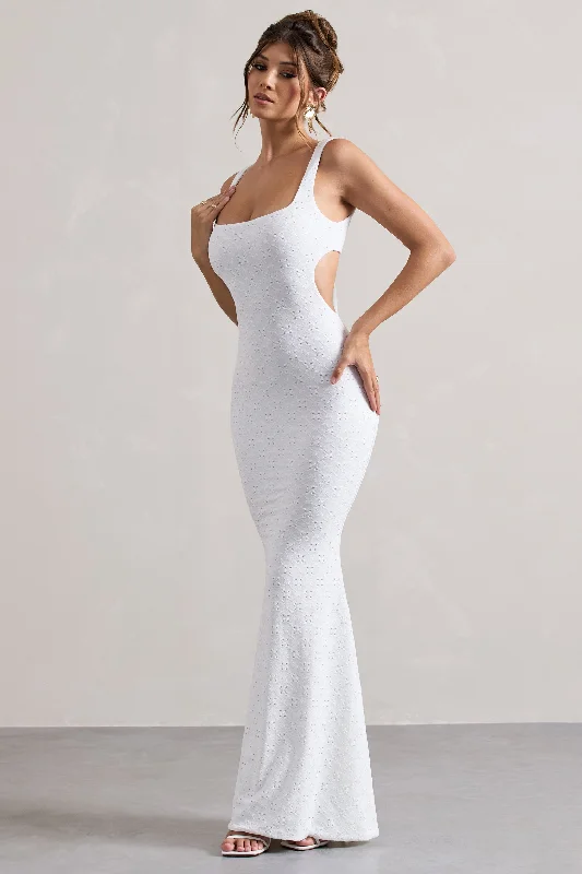 Marseille | White Broderie Knit Square-Neck Cut-Out Maxi Dress