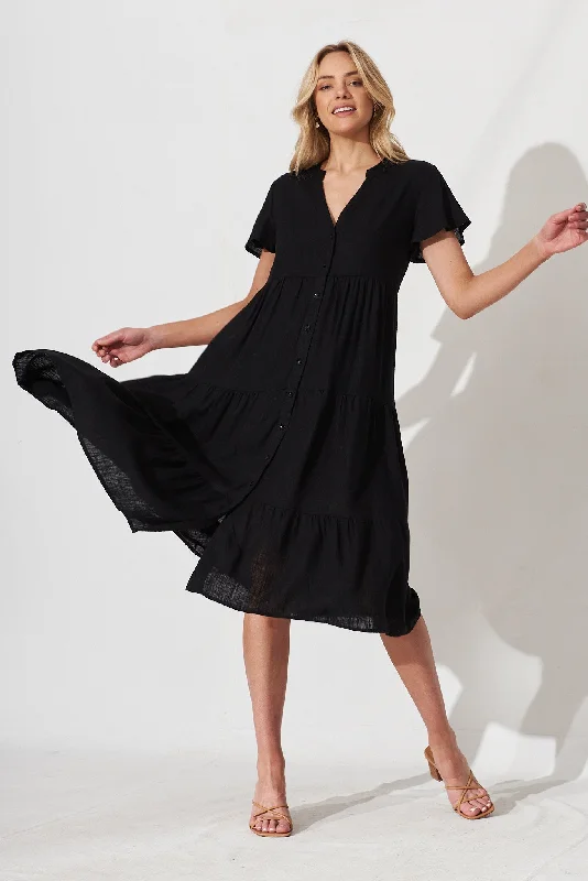 Marvela Midi Shirt Dress In Black Linen Blend