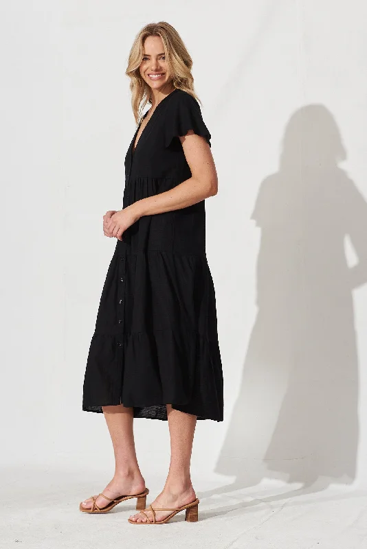 Marvela Midi Shirt Dress In Black Linen Blend