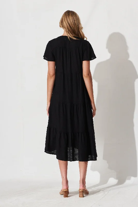 Marvela Midi Shirt Dress In Black Linen Blend