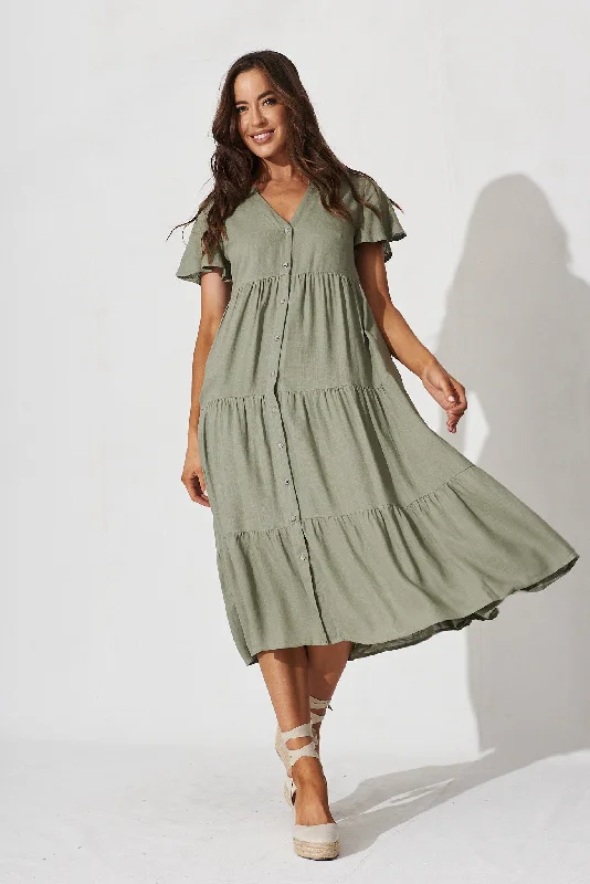 Marvela Midi Shirt Dress In Khaki Linen Blend