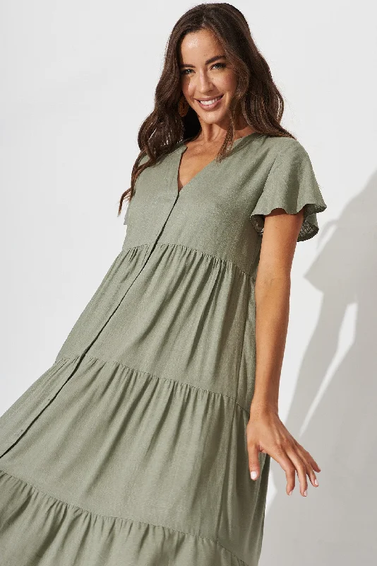 Marvela Midi Shirt Dress In Khaki Linen Blend