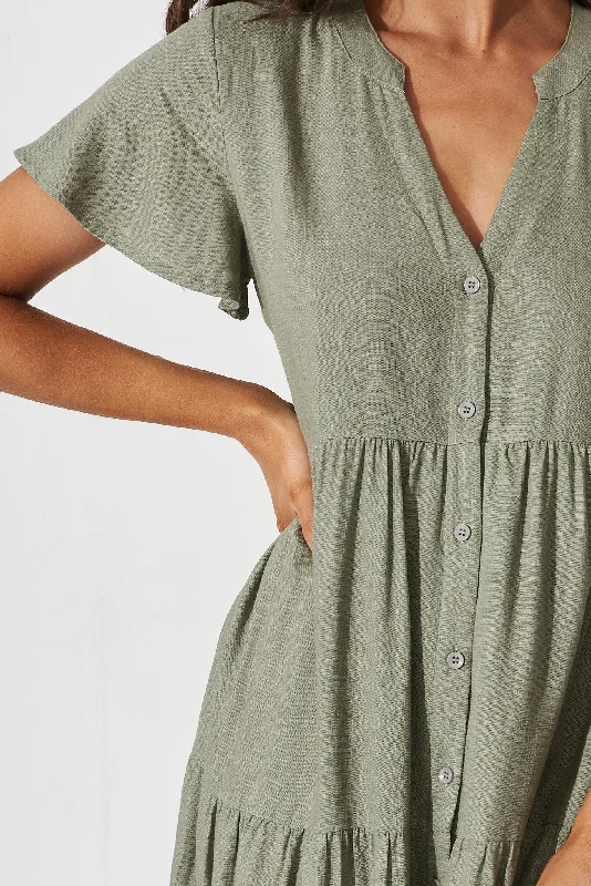 Marvela Midi Shirt Dress In Khaki Linen Blend