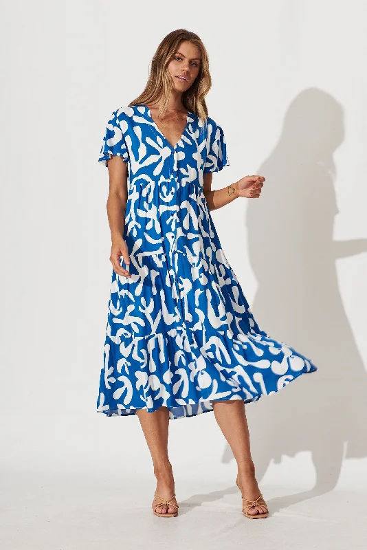 Monaco Midi Smock Dress In Blue With White Print