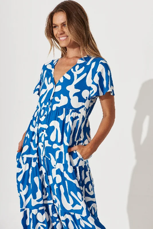 Monaco Midi Smock Dress In Blue With White Print