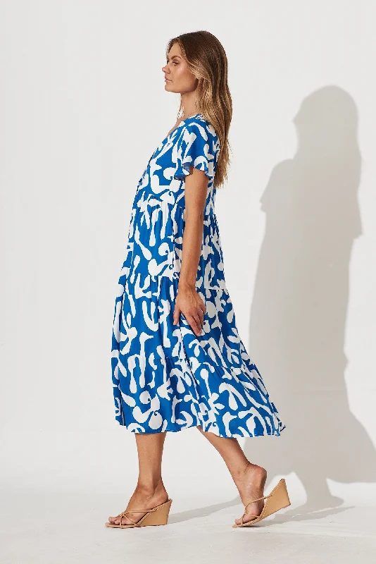 Monaco Midi Smock Dress In Blue With White Print