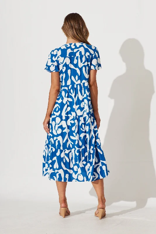 Monaco Midi Smock Dress In Blue With White Print