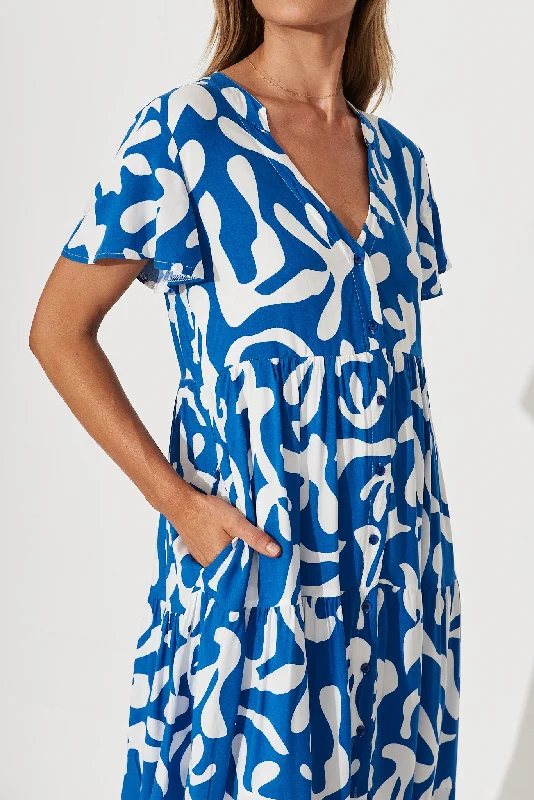 Monaco Midi Smock Dress In Blue With White Print