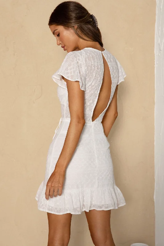 Moving On Flutter Sleeve String Tie Waist Eyelet Mini Dress White