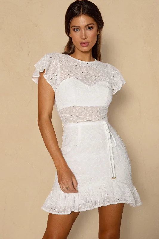 Moving On Flutter Sleeve String Tie Waist Eyelet Mini Dress White