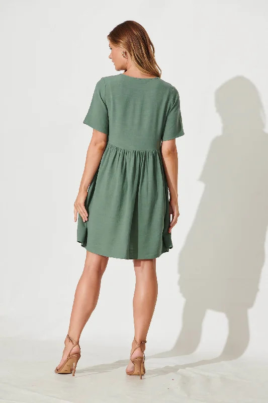 Nancy Smock Dress In Khaki Linen Blend