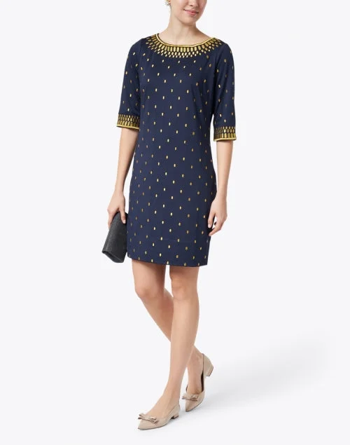 Navy and Gold Embroidered Jersey Dress