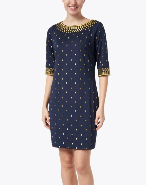 Navy and Gold Embroidered Jersey Dress