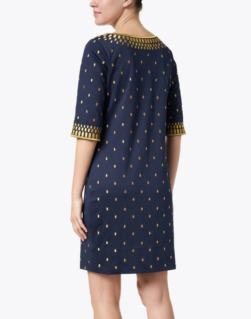 Navy and Gold Embroidered Jersey Dress