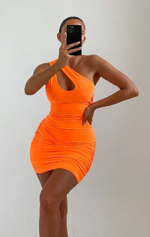 Neon Orange Asymmetric Strap Cut Out Mini Dress - Mila