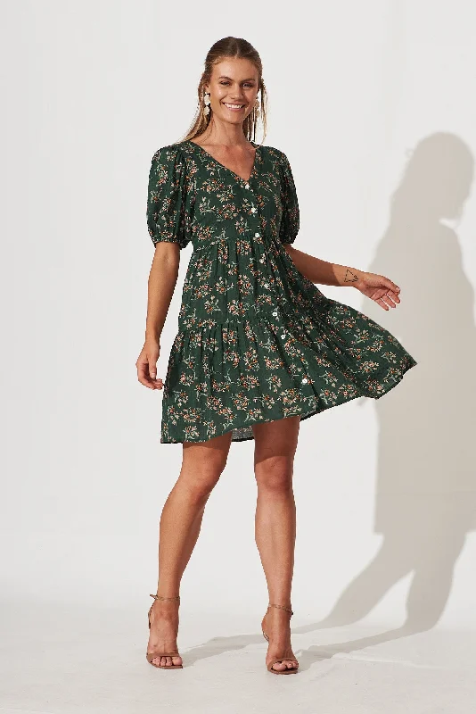 Nightfall Smock Dress In Green Floral Print Cotton Blend