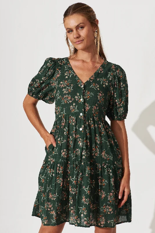 Nightfall Smock Dress In Green Floral Print Cotton Blend