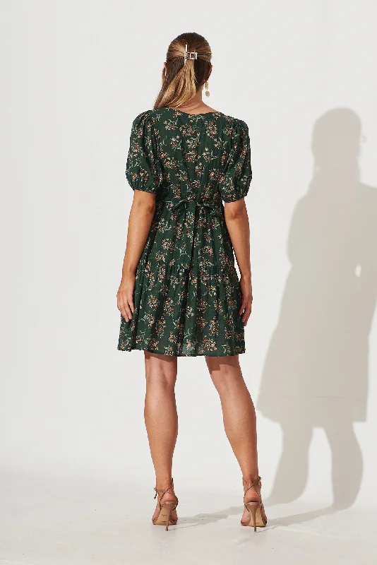 Nightfall Smock Dress In Green Floral Print Cotton Blend