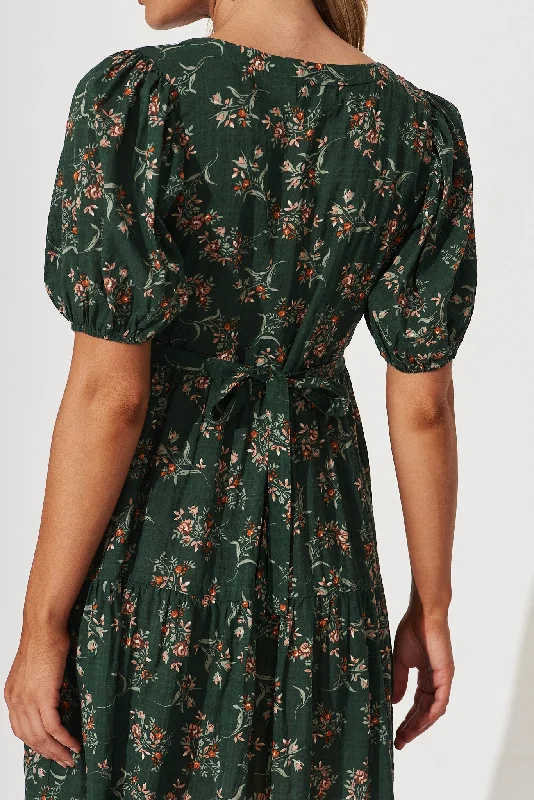 Nightfall Smock Dress In Green Floral Print Cotton Blend