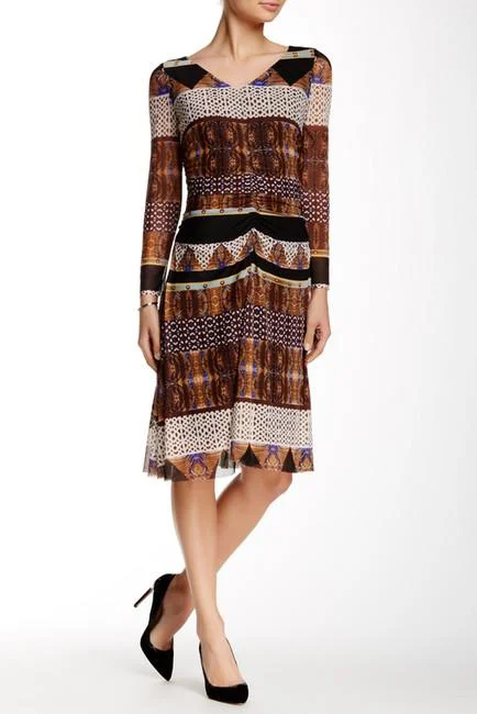 Nine West - 10571282-X51 Printed Ruched Long Sleeves Dress