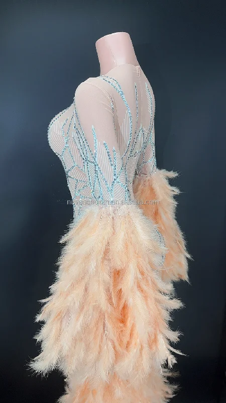 NOCANCE Y2682 happy new year 2023 shiny diamonds orange feathers elegant evening gown cocktail dresses for prom party