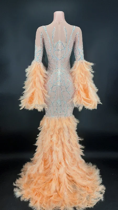 NOCANCE Y2682 happy new year 2023 shiny diamonds orange feathers elegant evening gown cocktail dresses for prom party