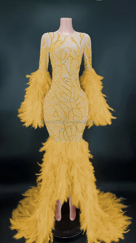 NOCANCE Y2682 happy new year 2023 shiny diamonds orange feathers elegant evening gown cocktail dresses for prom party