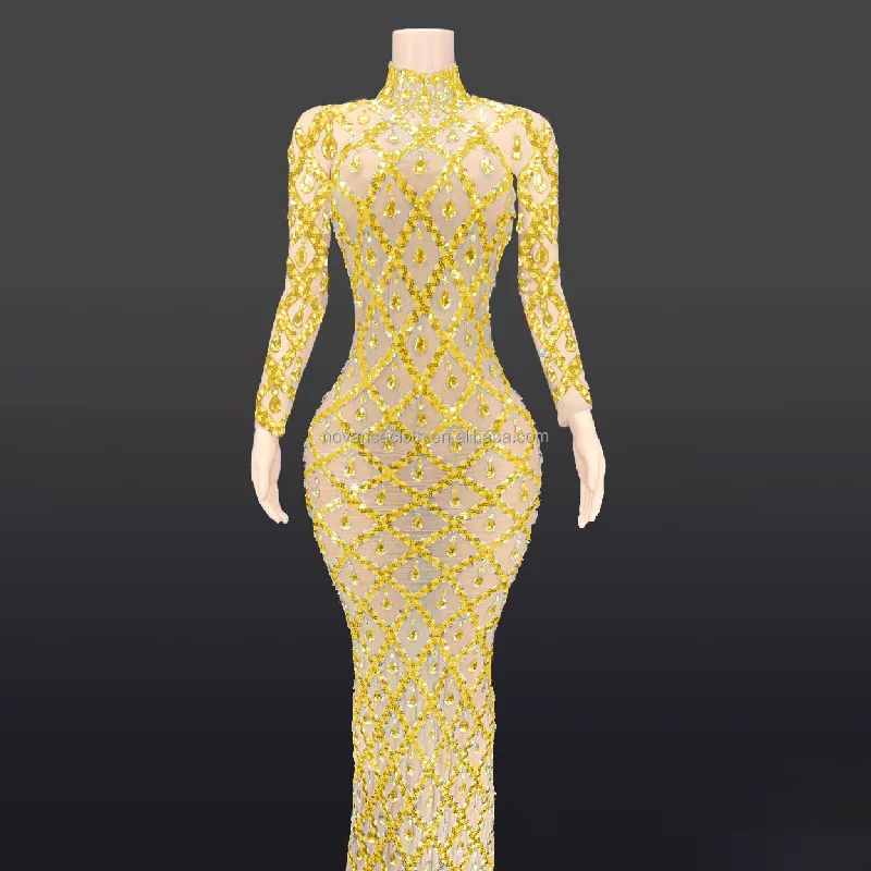 Novance  Y2520 2023 New Design Yellow Bright Diamond Sequins Fishnet Ladies Ball Gowns Dresses For Women For Party