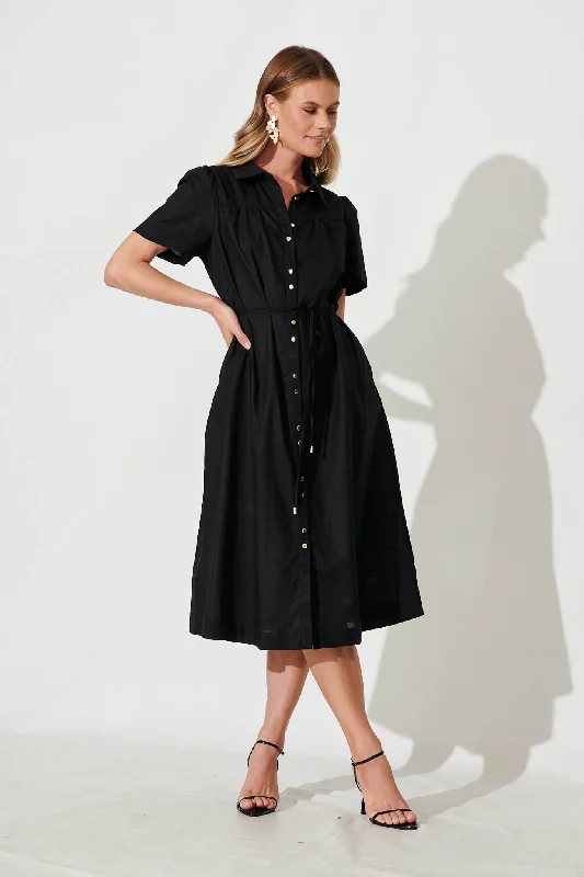 Oatland Midi Shirt Dress In Black Cotton Linen