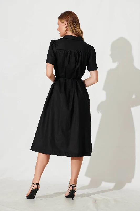 Oatland Midi Shirt Dress In Black Cotton Linen