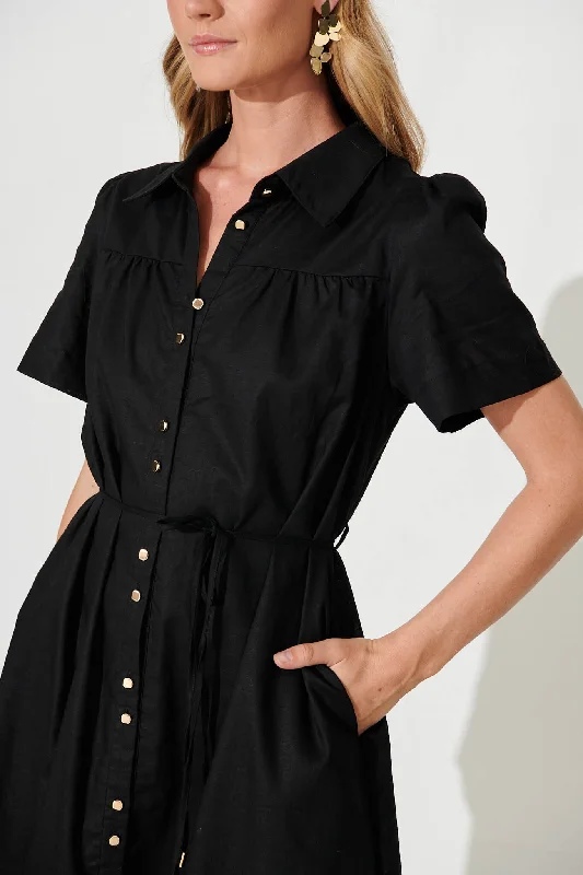 Oatland Midi Shirt Dress In Black Cotton Linen