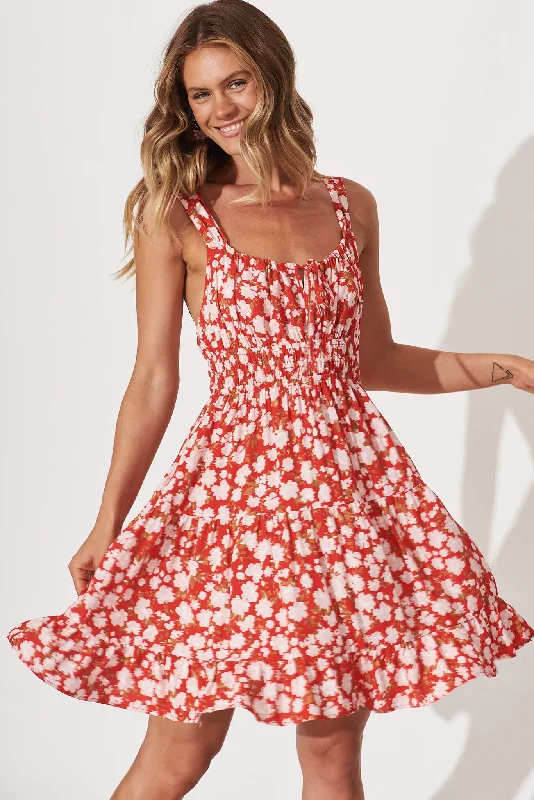 Orchid Sundress In Red With Pink Floral Print