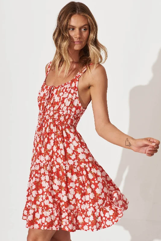 Orchid Sundress In Red With Pink Floral Print