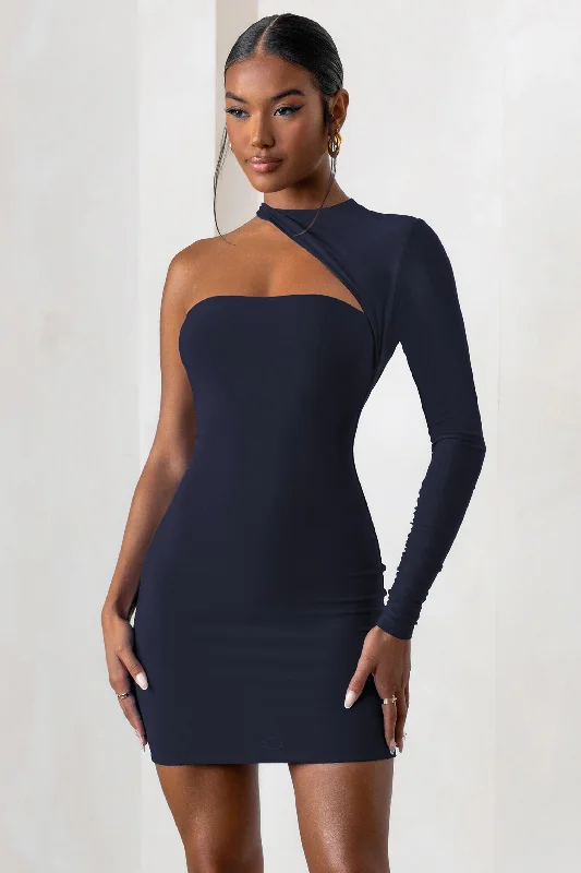 Perfect Touch | Navy One Shoulder Long Sleeve Mini Dress