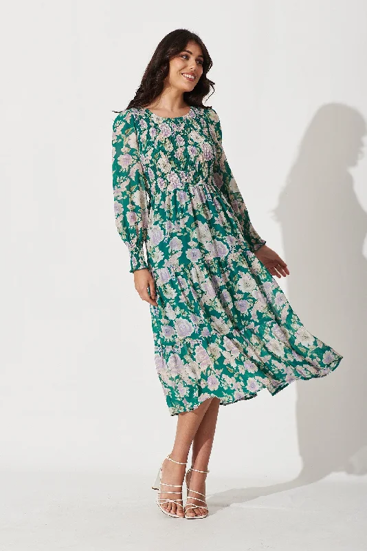 Petula Midi Dress In Teal With Multi Floral Print