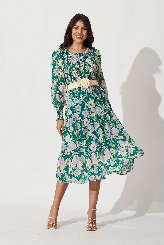 Petula Midi Dress In Teal With Multi Floral Print