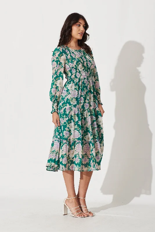 Petula Midi Dress In Teal With Multi Floral Print