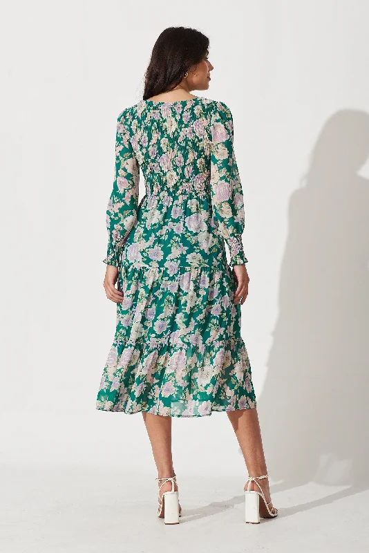 Petula Midi Dress In Teal With Multi Floral Print