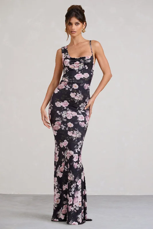 Phantasy | Black & Pink Floral Print Asymmetric Neckline Cowl Maxi Dress