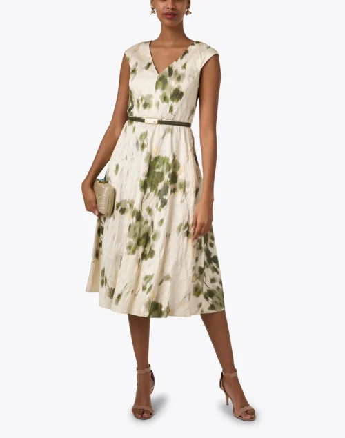 Pineta Ivory and Green Printed Dress