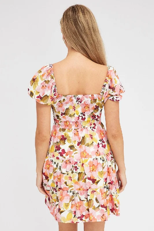 Pink Floral Fit and Flare Dress Short Sleeve Shirred