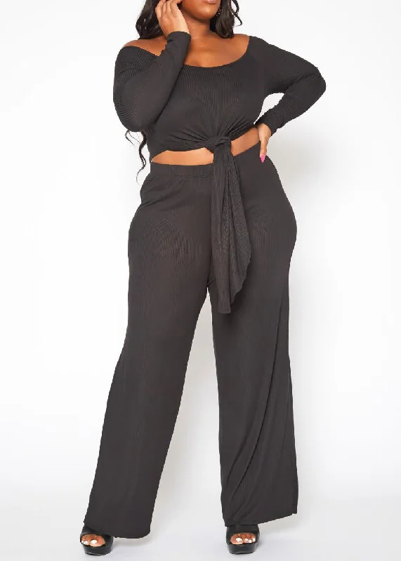 Hi Curvy Plus Size Women Ribbed Knit Long Sleeve Top & Pants Set