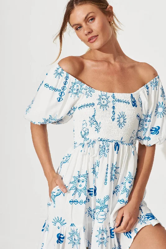 Poolside Dress In White With Blue Sun Print