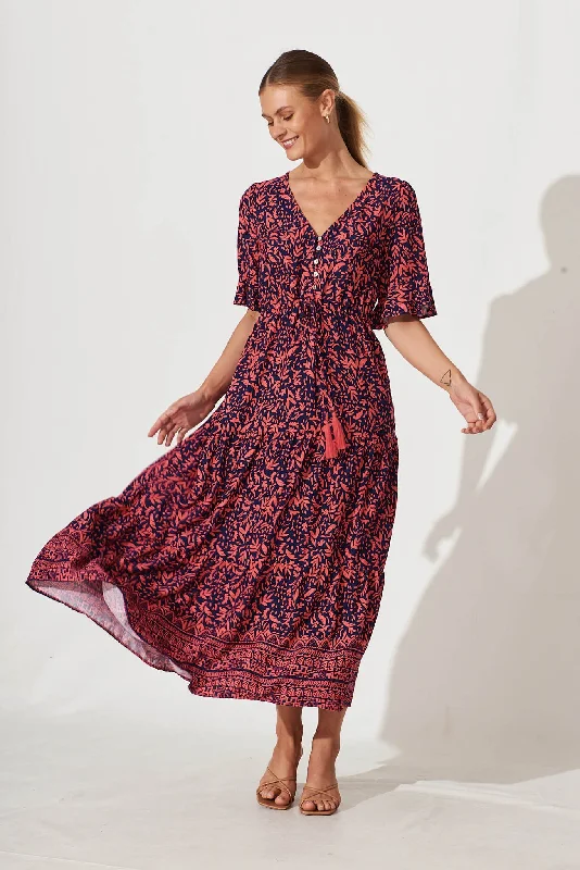 Refresh Maxi Dress In Navy With Coral Border Print