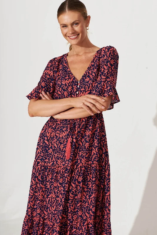 Refresh Maxi Dress In Navy With Coral Border Print