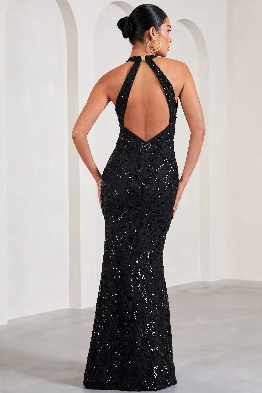 Reserved | Black Sequin Lace Split Maxi Dress