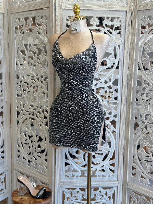 Rhinestone Cowl Neck Mini Dress- Stretchy , Estira