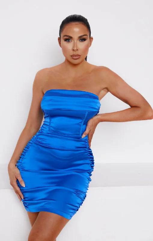 Royal Blue Satin Strapless Corset Bodycon Mini Dress - Annie